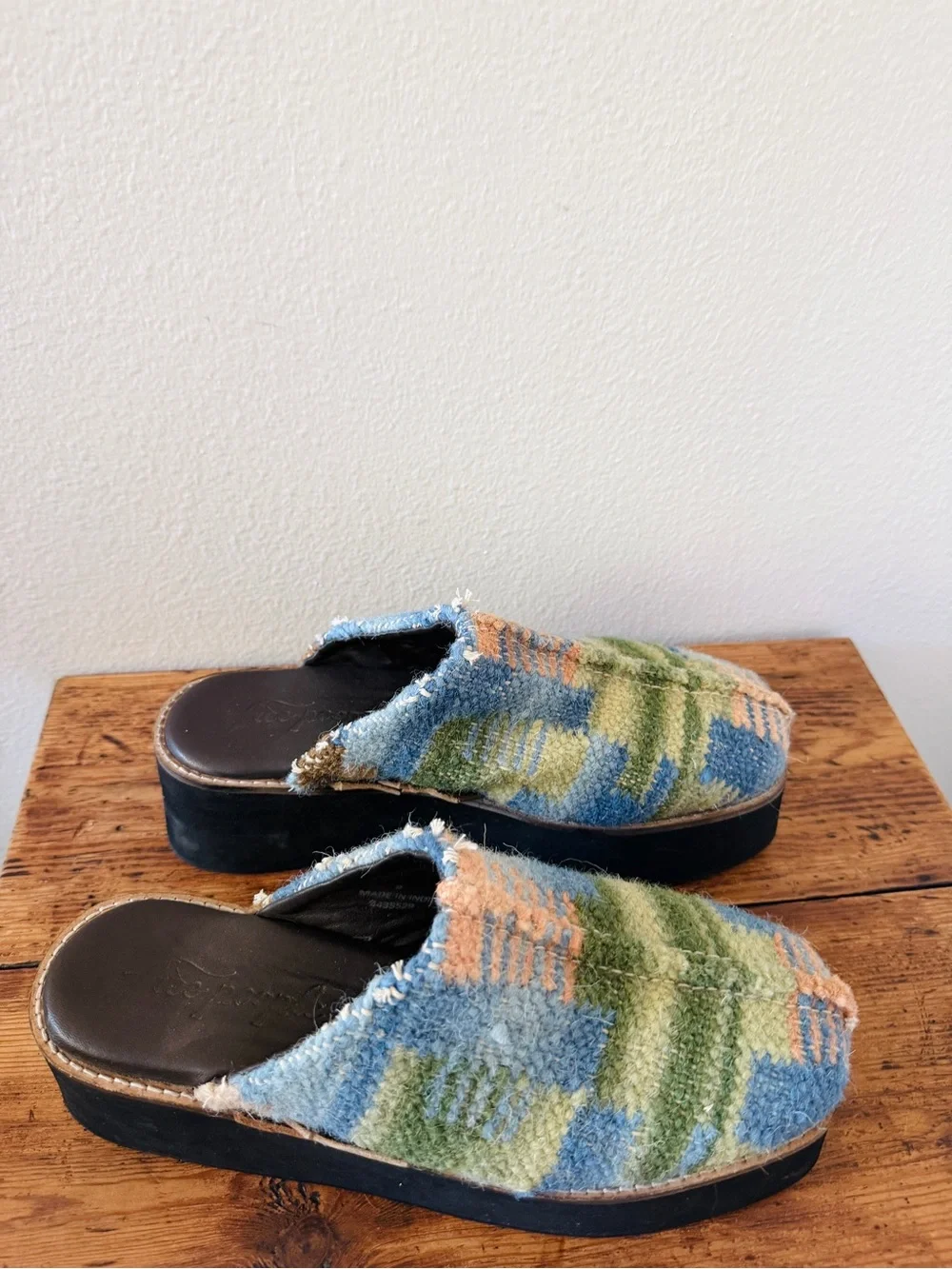 Free People Astrid Platform Mule in Blue Tweed Motif - Slides